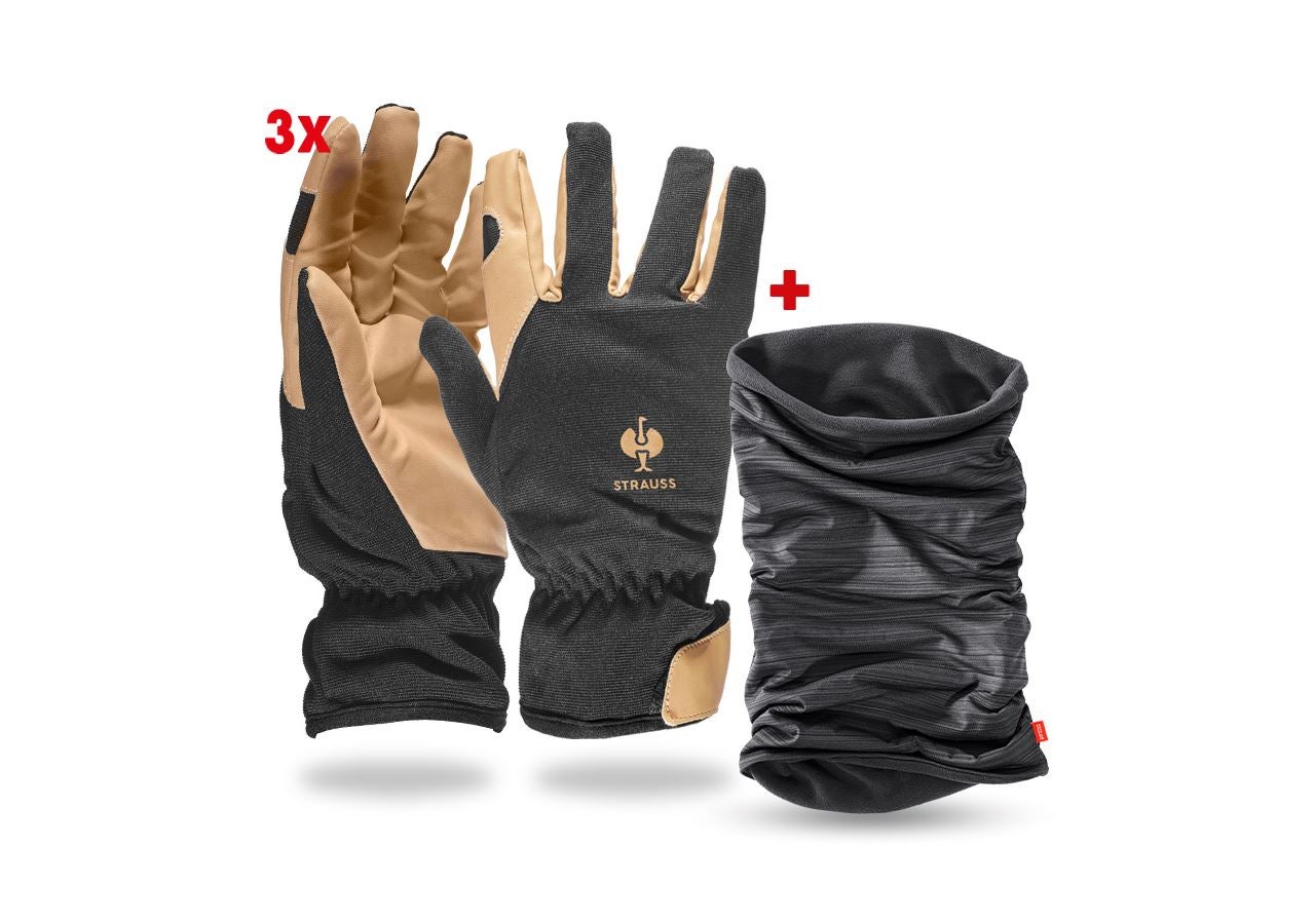 Zestawy | Akcesoria: 3x Zimowe rękawice montażowe+ e.s.Komin wielofunk. + czarny/brązowy