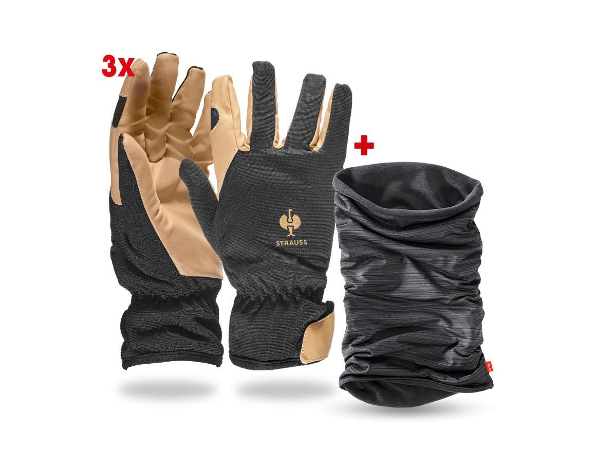 Zestawy | Akcesoria: 3x Zimowe rękawice montażowe+ e.s.Komin wielofunk. + czarny/brązowy