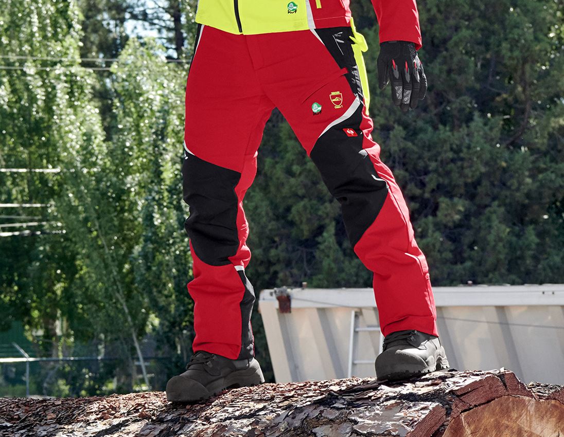 Spodnie robocze: e.s. Spodnie do pasa antyprzec. dla leśników, KWF + czerwony/żółty ostrzegawczy